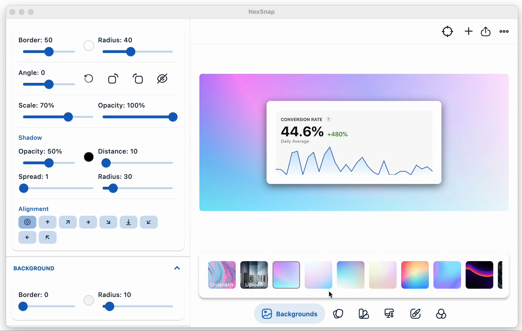 NexSnap editor showing the soft gradient, centered sample chart and layout controls