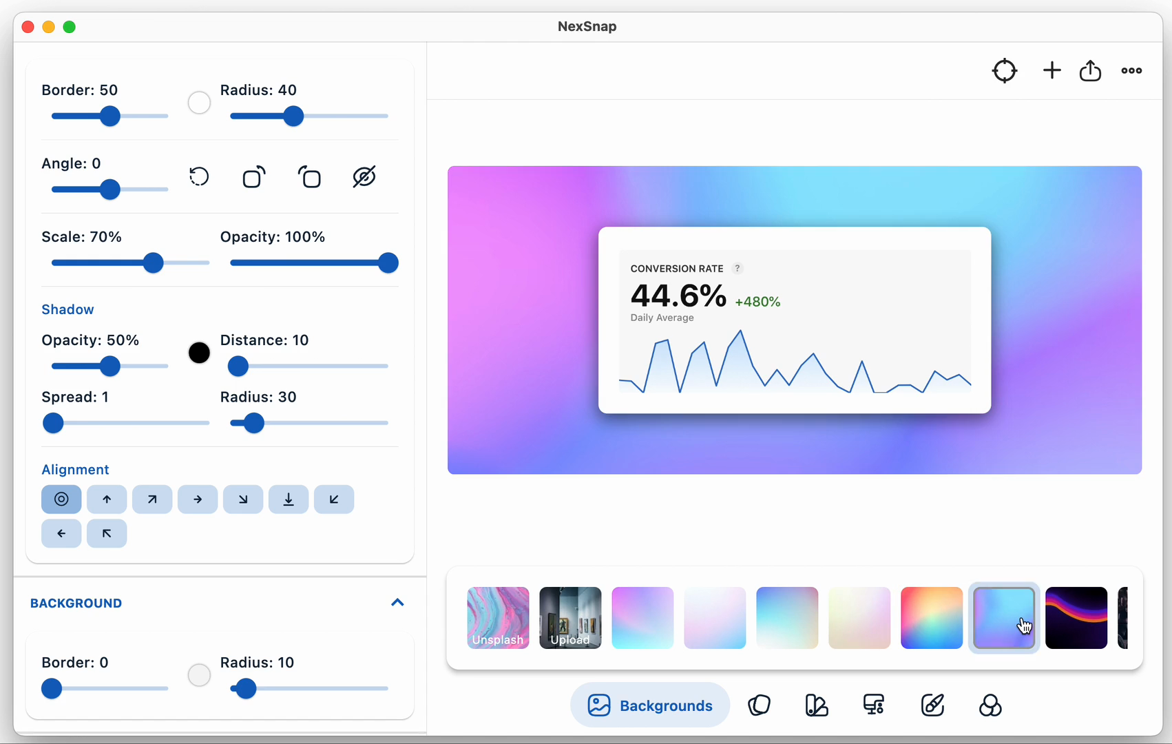 NexSnap background editor with gradient choices, layout settings and a centered sample chart